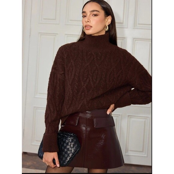 COMMENSE Women’s Brown Cable Knit Turtleneck Sweater Chunky Knit Pullover LARGE - Picture 11 of 13